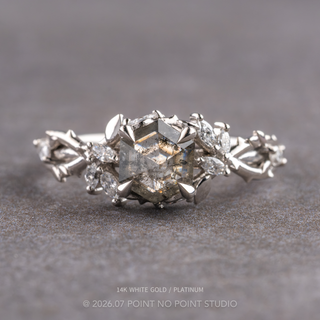 1.32 Carat Salt and Pepper Hexagon Diamond Engagement Ring, Ainsley Setting, Point No Point Studio. Available in a variety of metal types. Eco-friendly, Recycled Metals, Conflict Free.