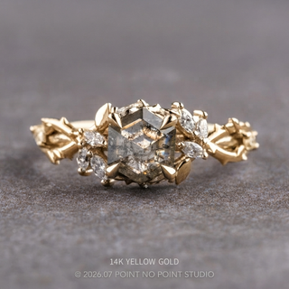 1.32 Carat Salt and Pepper Hexagon Diamond Engagement Ring, Ainsley Setting, Point No Point Studio. Available in a variety of metal types. Eco-friendly, Recycled Metals, Conflict Free.
