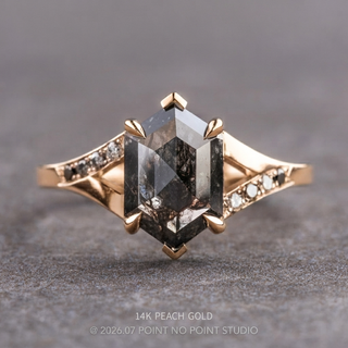 1.95 Carat Black Salt and Pepper Hexagon Diamond Engagement Ring, Ombre Sirena Setting, Point No Point Studio. Available in a variety of metal types. Eco-friendly, Recycled Metals, Conflict Free.