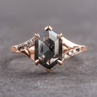 1.95 Carat Black Salt and Pepper Hexagon Diamond Engagement Ring, Ombre Sirena Setting, Point No Point Studio. Available in a variety of metal types. Eco-friendly, Recycled Metals, Conflict Free.