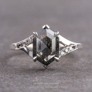 1.95 Carat Black Salt and Pepper Hexagon Diamond Engagement Ring, Ombre Sirena Setting, Point No Point Studio. Available in a variety of metal types. Eco-friendly, Recycled Metals, Conflict Free.