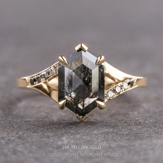 1.95 Carat Black Salt and Pepper Hexagon Diamond Engagement Ring, Ombre Sirena Setting, Point No Point Studio. Available in a variety of metal types. Eco-friendly, Recycled Metals, Conflict Free.