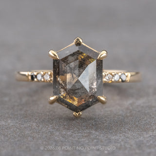 3.30 Carat Black Salt and Pepper Hexagon Diamond Engagement Ring, Ombre Sirena Setting, 14k Yellow Gold