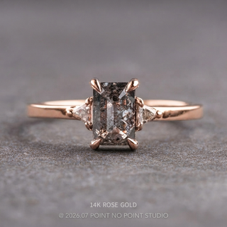 1.41 Carat Salt and Pepper Emerald Shaped Diamond Engagement Ring, Zoe Setting, Point No Point Studio. Available in a variety of metal types. Eco-friendly, Recycled Metals, Conflict Free.