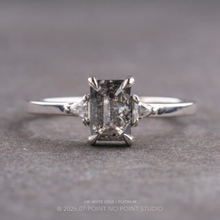 1.41 Carat Salt and Pepper Emerald Shaped Diamond Engagement Ring, Zoe Setting, Point No Point Studio. Available in a variety of metal types. Eco-friendly, Recycled Metals, Conflict Free.