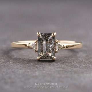 1.41 Carat Salt and Pepper Emerald Shaped Diamond Engagement Ring, Zoe Setting, Point No Point Studio. Available in a variety of metal types. Eco-friendly, Recycled Metals, Conflict Free.