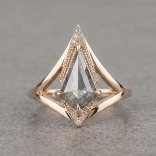 1.37 Carat Salt and Pepper Kite Diamond Engagement Ring, Arwen Setting, 14K Peach Gold