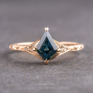 1.11 Carat Teal Kite Sapphire and Diamond Engagement Ring, Engraved Aela Setting, Point No Point Studio. Available in a variety of metal types. Eco-friendly, Recycled Metals, Conflict Free.