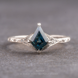 1.11 Carat Teal Kite Sapphire and Diamond Engagement Ring, Engraved Aela Setting, Point No Point Studio. Available in a variety of metal types. Eco-friendly, Recycled Metals, Conflict Free.
