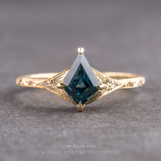 1.11 Carat Teal Kite Sapphire and Diamond Engagement Ring, Engraved Aela Setting, Point No Point Studio. Available in a variety of metal types. Eco-friendly, Recycled Metals, Conflict Free.