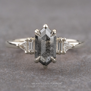 1.28 Carat Black Hexagon Diamond Engagement Ring, Beatrice Setting, Point No Point Studio. Available in a variety of metal types. Eco-friendly, Recycled Metals, Conflict Free.