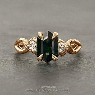 1.43 Carat Teal Hexagon Sapphire and Diamond Engagement Ring, Leaf Quinn Setting