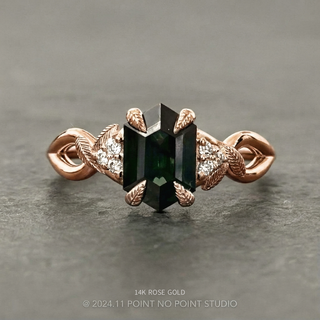 1.43 Carat Teal Hexagon Sapphire and Diamond Engagement Ring, Leaf Quinn Setting