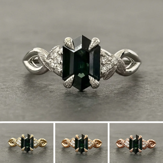 1.43 Carat Teal Hexagon Sapphire and Diamond Engagement Ring, Leaf Quinn Setting
