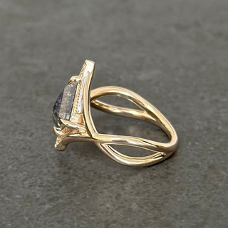 1.21 Carat Black Salt and Pepper Kite Diamond Engagement Ring, Twisted Arwen Setting, Point No Point Studio. Available in a variety of metal types. Eco-friendly, Recycled Metals, Conflict Free.