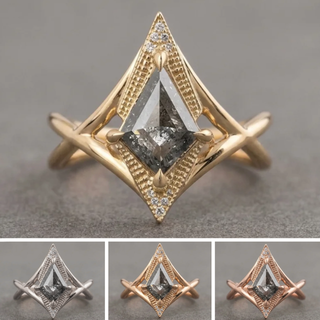 1.21 Carat Black Salt and Pepper Kite Diamond Engagement Ring, Twisted Arwen Setting, Point No Point Studio. Available in a variety of metal types. Eco-friendly, Recycled Metals, Conflict Free.