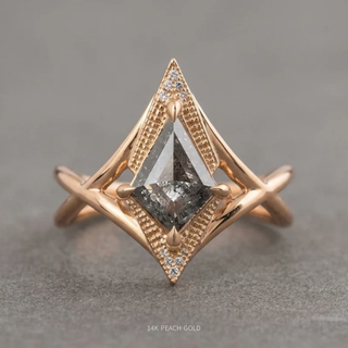 1.21 Carat Black Salt and Pepper Kite Diamond Engagement Ring, Twisted Arwen Setting, Point No Point Studio. Available in a variety of metal types. Eco-friendly, Recycled Metals, Conflict Free.