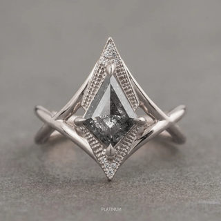 1.21 Carat Black Salt and Pepper Kite Diamond Engagement Ring, Twisted Arwen Setting, Point No Point Studio. Available in a variety of metal types. Eco-friendly, Recycled Metals, Conflict Free.