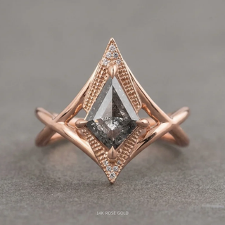 1.21 Carat Black Salt and Pepper Kite Diamond Engagement Ring, Twisted Arwen Setting, Point No Point Studio. Available in a variety of metal types. Eco-friendly, Recycled Metals, Conflict Free.