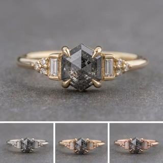 1.77 Carat Black Salt and Pepper Hexagon Diamond Engagement Ring, Dahlia Setting