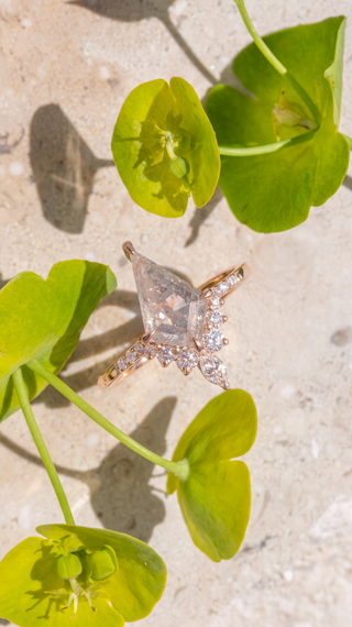 2.37 Carat Icy Salt and Pepper Kite Diamond Engagement Ring, Avaline Setting, Point No Point Studio. Available in a variety of metal types. Eco-friendly, Recycled Metals, Conflict Free.