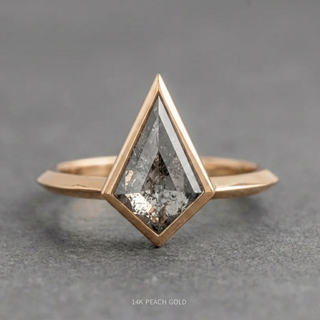 1.07 Carat Salt and Pepper Kite Diamond Engagement Ring, Bezel Jane Setting, Point No Point Studio. Available in a variety of metal types. Eco-friendly, Recycled Metals, Conflict Free.
