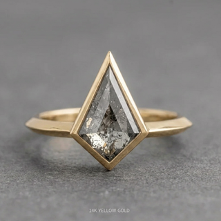 1.07 Carat Salt and Pepper Kite Diamond Engagement Ring, Bezel Jane Setting, Point No Point Studio. Available in a variety of metal types. Eco-friendly, Recycled Metals, Conflict Free.