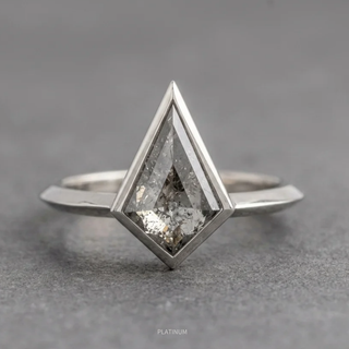1.07 Carat Salt and Pepper Kite Diamond Engagement Ring, Bezel Jane Setting, Point No Point Studio. Available in a variety of metal types. Eco-friendly, Recycled Metals, Conflict Free.