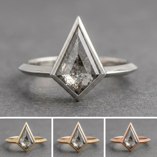 1.07 Carat Salt and Pepper Kite Diamond Engagement Ring, Bezel Jane Setting, Point No Point Studio. Available in a variety of metal types. Eco-friendly, Recycled Metals, Conflict Free.