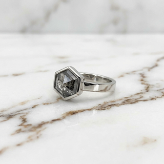 1.62 Carat Salt and Pepper Hexagon Diamond Engagement Ring, Bezel Jessie Setting