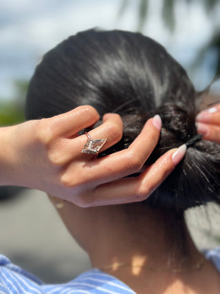 Kite Moissanite and Diamond Engagement Ring, Wren Setting, Point No Point Studio. Available in a variety of metal types. Eco-friendly, Recycled Metals, Conflict Free.