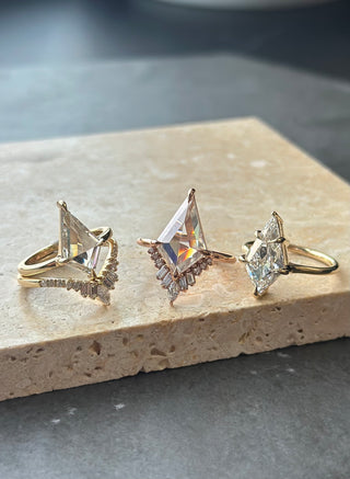 Kite Moissanite and Diamond Engagement Ring, Wren Setting, Point No Point Studio. Available in a variety of metal types. Eco-friendly, Recycled Metals, Conflict Free.