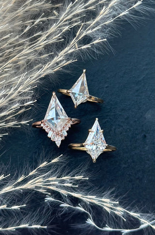 Kite Moissanite and Diamond Engagement Ring, Wren Setting, Point No Point Studio. Available in a variety of metal types. Eco-friendly, Recycled Metals, Conflict Free.