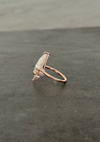 Kite Moissanite and Diamond Engagement Ring, Wren Setting, Point No Point Studio. Available in a variety of metal types. Eco-friendly, Recycled Metals, Conflict Free.