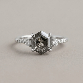 2.21 Carat Canadian Salt and Pepper Hexagon Diamond Engagement Ring, Liza Setting