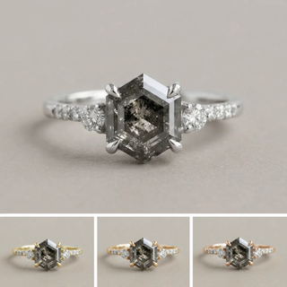 2.21 Carat Canadian Salt and Pepper Hexagon Diamond Engagement Ring, Liza Setting