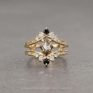 1.52 Carat Salt and Pepper Lozenge Diamond Engagement Ring, Engraved Empress Setting, Point No Point Studio. Available in a variety of metal types. Eco-friendly, Recycled Metals, Conflict Free.