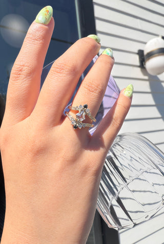 1.52 Carat Salt and Pepper Lozenge Diamond Engagement Ring, Engraved Empress Setting, Point No Point Studio. Available in a variety of metal types. Eco-friendly, Recycled Metals, Conflict Free.