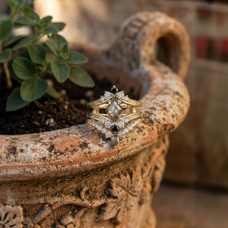 1.52 Carat Salt and Pepper Lozenge Diamond Engagement Ring, Engraved Empress Setting, Point No Point Studio. Available in a variety of metal types. Eco-friendly, Recycled Metals, Conflict Free.