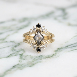 1.52 Carat Salt and Pepper Lozenge Diamond Engagement Ring, Engraved Empress Setting, Point No Point Studio. Available in a variety of metal types. Eco-friendly, Recycled Metals, Conflict Free.