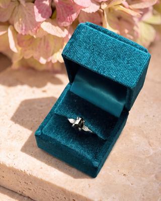 1.74 Carat Black Salt and Pepper Pear Diamond Engagement Ring, Zoe Setting, Point No Point Studio. Available in a variety of metal types. Eco-friendly, Recycled Metals, Conflict Free.