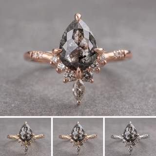 1.99 Carat Black Salt and Pepper Pear Diamond Engagement Ring, Ombre Flora Setting
