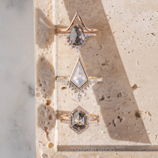 1.51 Carat Icy White Kite Diamond Engagement Ring, Bezel Avaline Setting, Point No Point Studio. Available in a variety of metal types. Eco-friendly, Recycled Metals, Conflict Free.
