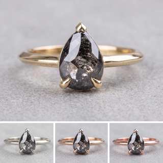 1.68 Carat Black Salt and Pepper Pear Diamond Engagement Ring, Charlize Setting, Point No Point Studio. Available in a variety of metal types. Eco-friendly, Recycled Metals, Conflict Free.