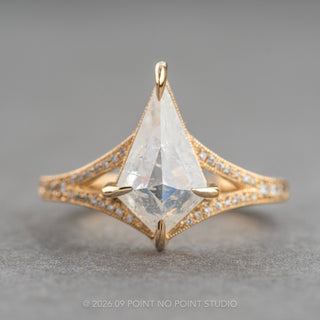 2.19 Carat Icy White Kite Diamond Engagement Ring, Engraved River Setting, 14k Yellow Gold, Point No Point Studio. Eco-friendly, Recycled Metals, Conflict Free.