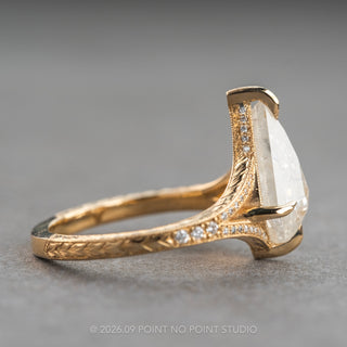 2.19 Carat Icy White Kite Diamond Engagement Ring, Engraved River Setting, 14k Yellow Gold, Point No Point Studio. Eco-friendly, Recycled Metals, Conflict Free.