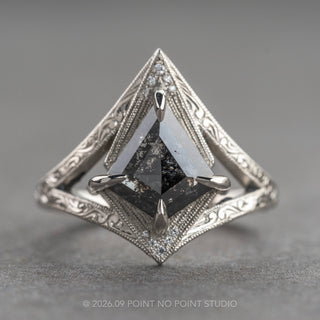 1.21 Carat Black Salt and Pepper Kite Diamond Engagement Ring, Engraved Arwen Setting, Platinum, Point No Point Studio. Eco-friendly, Recycled Metals, Conflict Free.