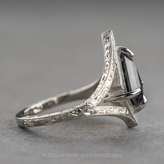 1.21 Carat Black Salt and Pepper Kite Diamond Engagement Ring, Engraved Arwen Setting, Platinum, Point No Point Studio. Eco-friendly, Recycled Metals, Conflict Free.