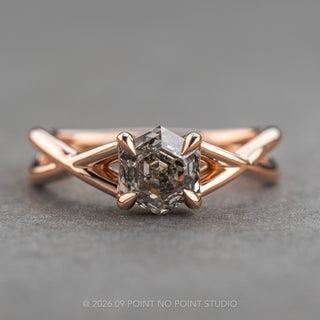 1.33 Carat Canadian Salt and Pepper Hexagon Diamond Engagement Ring, Weslyn Setting, 14k Rose Gold, Point No Point Studio. Eco-friendly, Recycled Metals, Conflict Free.