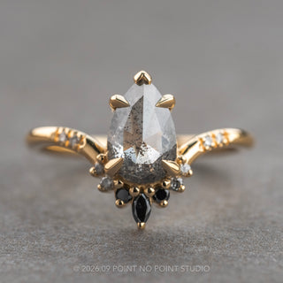 1.20 Carat Salt and Pepper Pear Diamond Engagement Ring, Ombre Flora Setting, 14K Yellow Gold